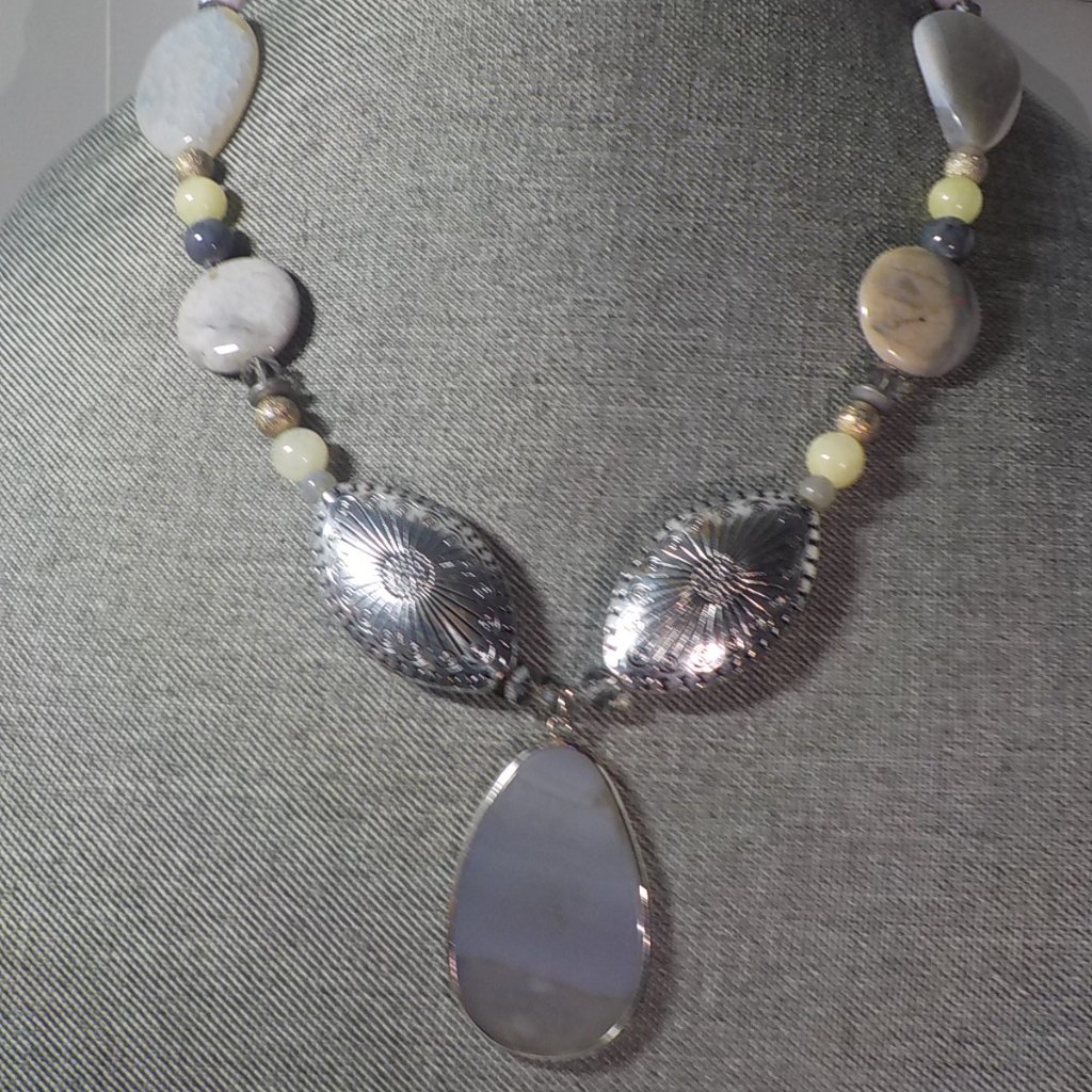 Custom Jewelry, Large Grey Flat Agate Stone With Silver Tone Trim And Accents